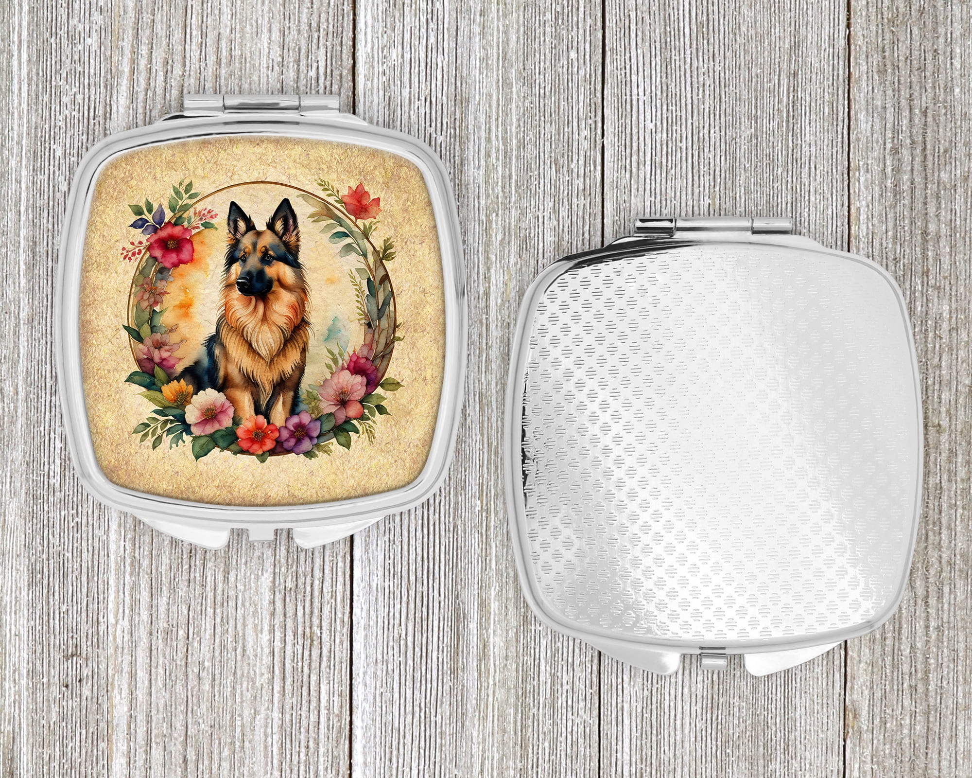 Belgian Tervuren and Flowers Compact Mirror 2.75 in x 3 in