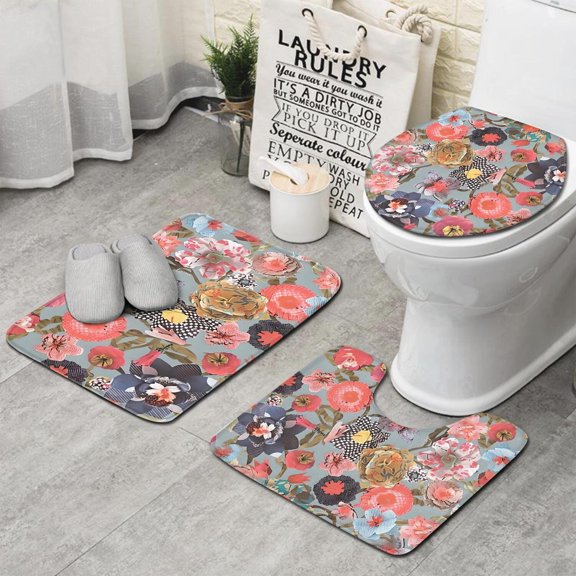 Pioneer Flower Floral Print Pattern Bathroom Rugs Sets 3 Piece,Toilet Cover Set,Absorbent Non Slip Bathroom Mats Sets with U-Shaped Contour Rug Toilet Rug Set