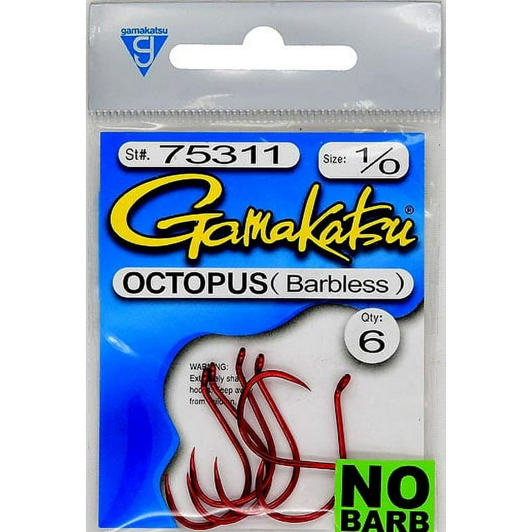 Gamakatsu Barbless Octopus Hook in High Quality Carbon Steel, Red, Size  1/0, 6-Pack 