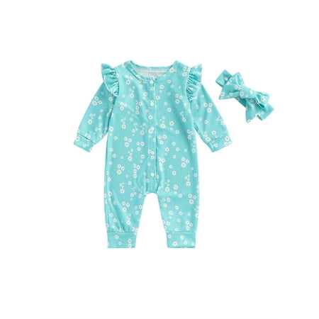 

Infant Baby Girls Jumpsuits Set Floral Print Button Long Sleeves Romper and Headband