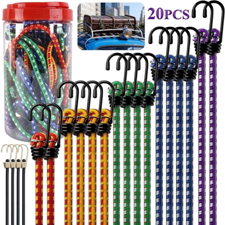 Yalumo 20 Pack Bungee Cords with Hooks Heavy Duty Outdoor Assorted Sizes in Storage Jar Includes 10 18 24 30 36 48 Bungie Cord Bundle Set for Camping Tent Securing Items Travel Use