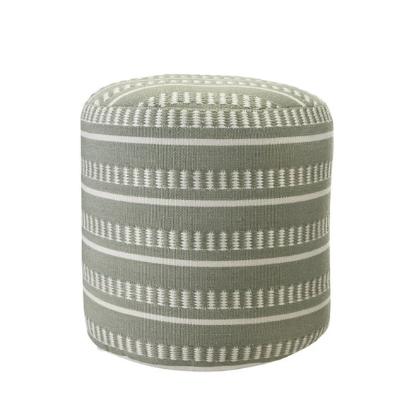 Laddha Home Designs 20" Green and White Striped Round Outdoor Patio Pouf Ottoman