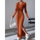 thumbnail image 1 of Vestido ajustado de punto de manga larga con solapa, Color liso, Europa y Estados Unidos, otoño e invierno, 2024, 1 of 5