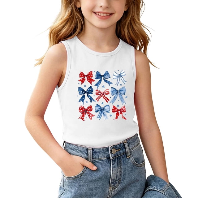 Odeerbi Niñas Estampado Bandera Americana Camiseta de Cuello Tripulación Sin Mangas Día de La Independencia
