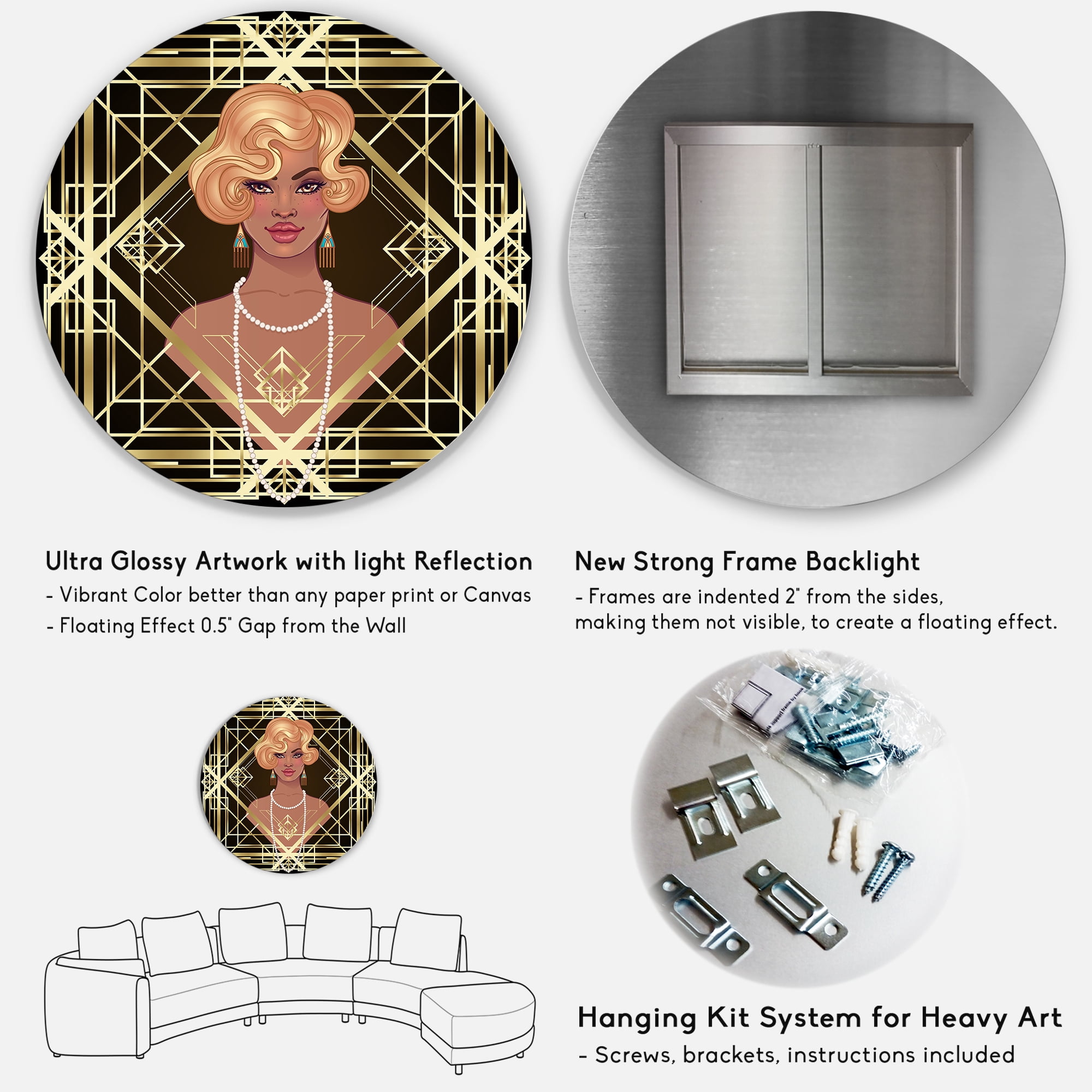 Designart 'Retro Girl In Golden Art Deco Geometrics III' Modern Circle Metal Wall Art 23x23 - Disc of 23