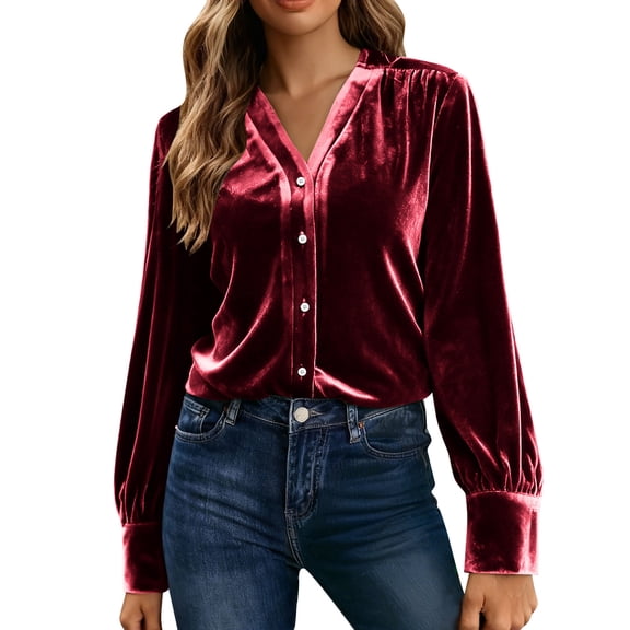 Lenpel Velvet Tops for Women Loose Vintage Long Sleeve V Neck Pleated Button down Shirts Dressy Casual Velour Blouses(Red,X-Large)