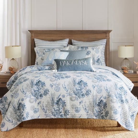 Levtex Home - Coral Landing Quilt Set - Full/Queen Quilt and Two Standard Shams - Coastal - Navy Blue Grey White - Quilt (88x92in.) and Shams (20x26in.) - Reversible - Cotton
