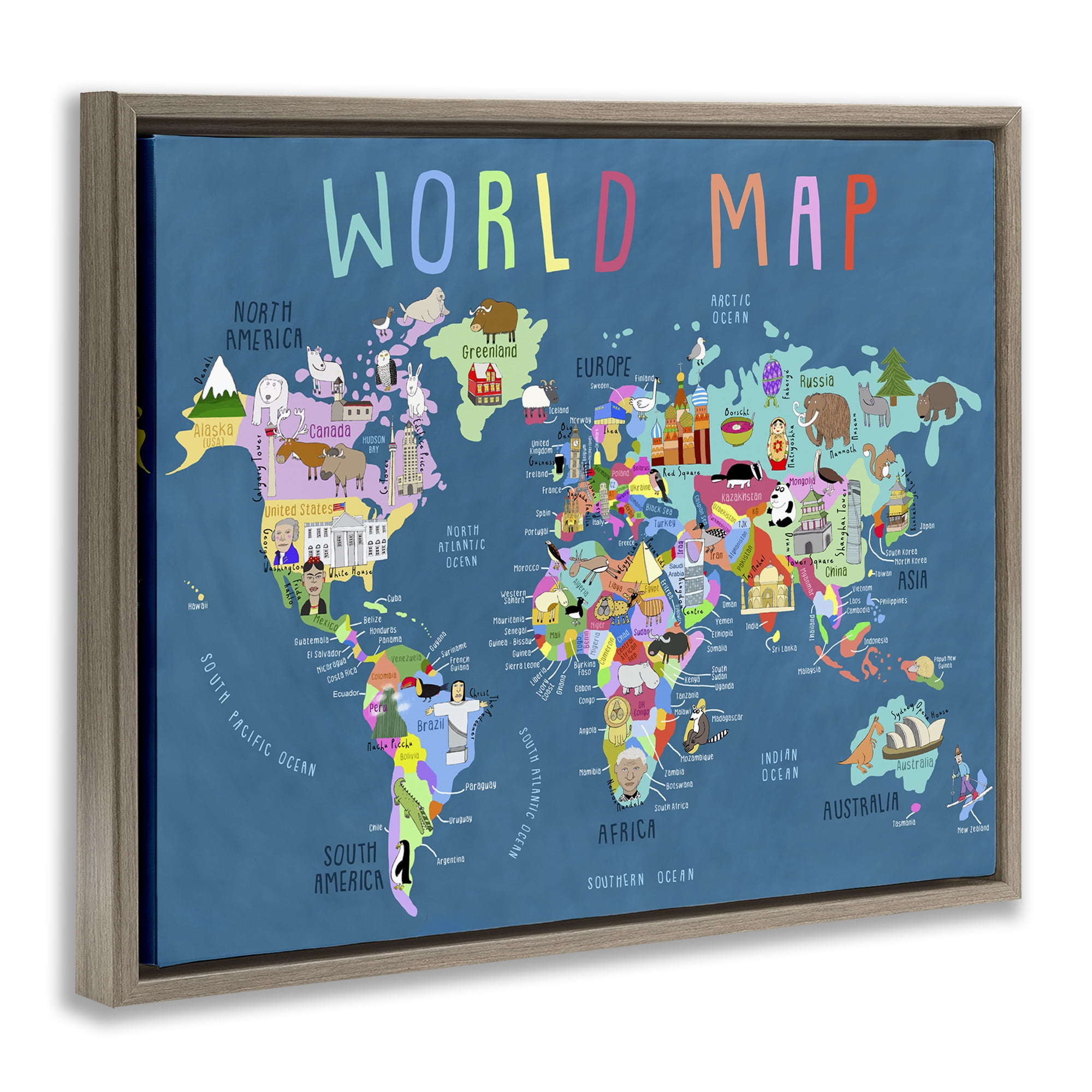 Stupell Industries World Map with Landmarks Education Painting Brown Floater Framed Canvas Art Print Wall Art, 21 x 17