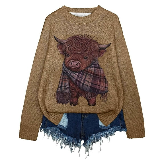 DHFJKG Crew Neck Sweaters For Women Cute Cow Printed Loose Fit Long Sleeve Knitted Top Pullover With Ribbing Edge Winter Cozy Jumper Tops