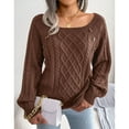 thumbnail image 4 of Defitshape Women's Cable Knit Sweater Long Sleeve Fall Top Boat Neck Soft Button Bishop Sleeve Spring Elegant Winter Thick Loose Fit Knitwear Knitted Pullover Sweater Coffee Large, 4 of 5