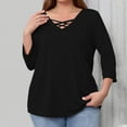 thumbnail image 4 of Lenpel Plus Size Tops for Women 3/4 Length Sleeve Criss Cross V Neck T Shirts Loose Tunic Blouses Soft Casual Tees(Black,Large), 4 of 6