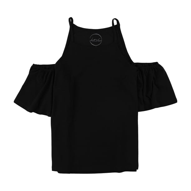 INC Blusa de punto con mangas onduladas para mujer, negro, grande I-N-C Tejer