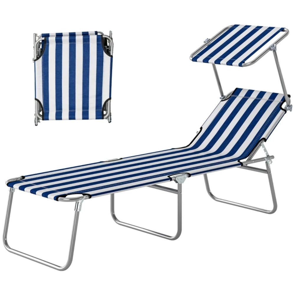 Outdoor Folding Chaise Lounge with Detachable Adjustable Awning, 4-Level Reclining Backrest, Blue & White Portable Pool Beach Lounger