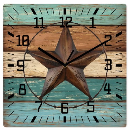 Teal Brown Wooden Wall Clock Silent Non Ticking, Country Texas Star Farmhouse Barn Door Wood Square Wall Clocks Battery Operated, Decor Clock for Home Office, Living Room, Kitchen, 10 Inch