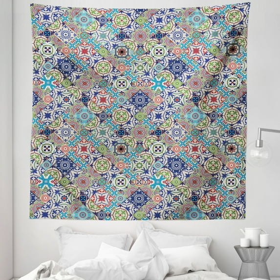 Moroccan Tapestry, Complex Colorful Moroccan Tile Motifs Antique Floral Ornaments Design, Fabric Wall Hanging Decor for Bedroom Living Room Dorm, 5 Sizes, Multicolor, by Ambesonne