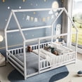 thumbnail image 3 of Leumius Full Size Floor Bed with House Roof Frame, Fence Guardrails Montessori Floor Bed for Boys Girls White, 3 of 7