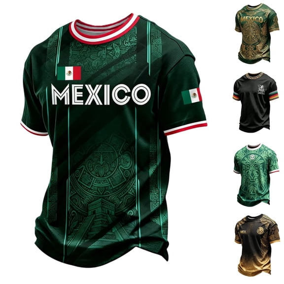 DXSCSE Men's Mexico Soccer Jersey, Ack Short Slztec Calendar Style Crew Neeeve Fans Mexico Shirt for Game Day, Casual Wear for Training Travel Army Green 3XL