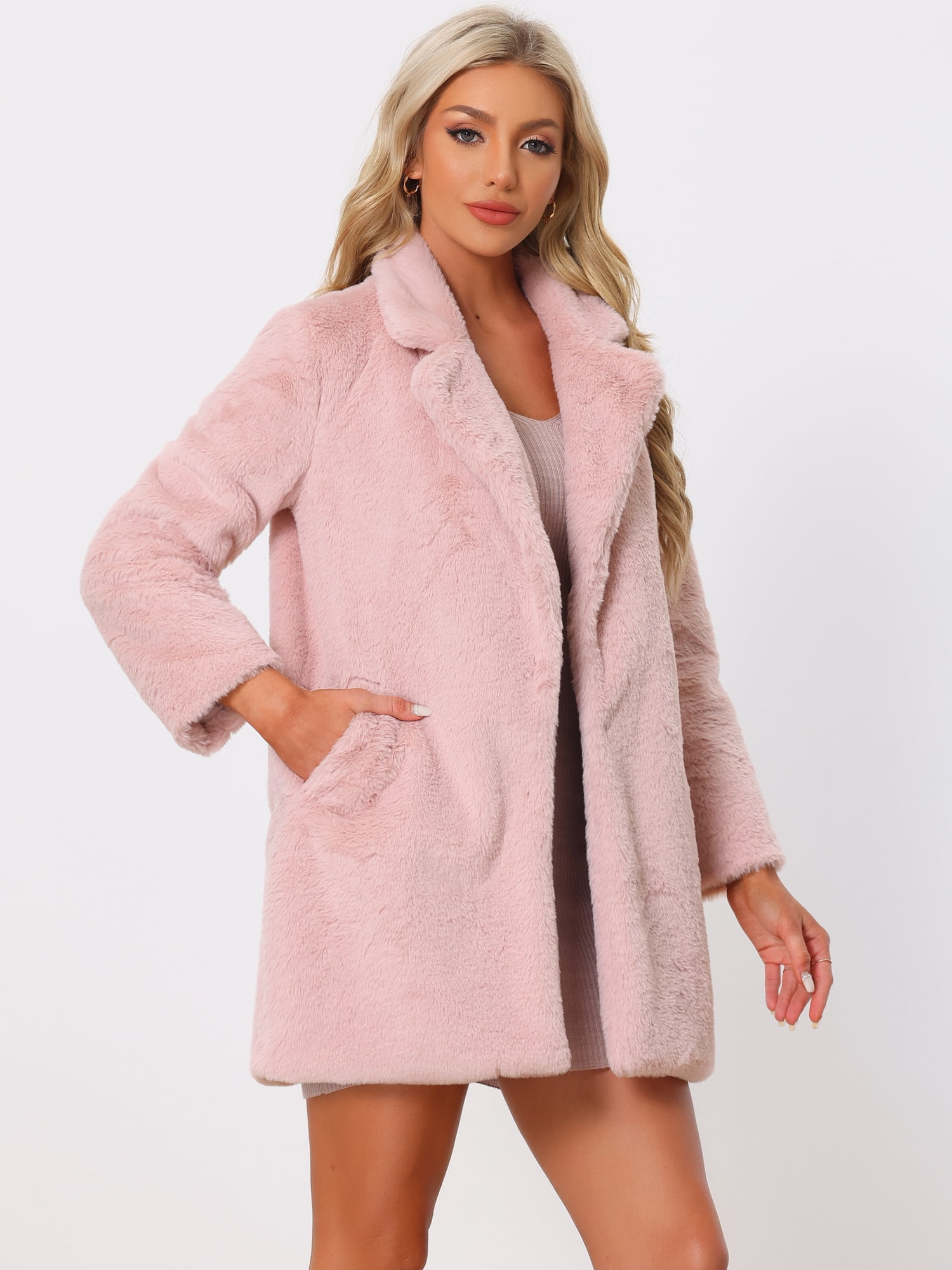 DARING DIVA Women's Lapel Faux Fur Fuzzy Warm Jacket Overcoat XS Dusty Pink