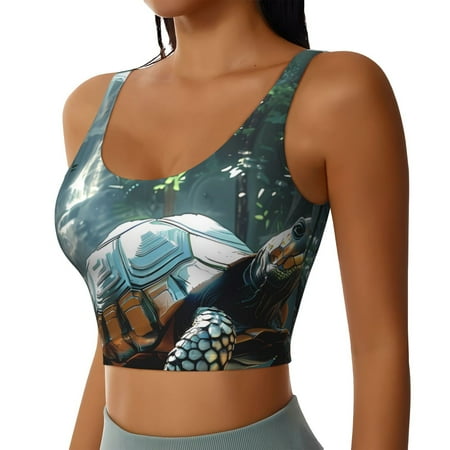 Picia Turtle In Jungle Waterfall Sports Bra for Women Padded Strappy Sports Bras Medium Support Yoga Bra with Removable Cups Running Yoga Bra-Large