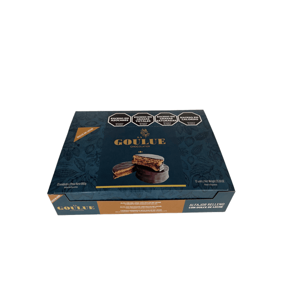 La Goulue Chocolaltier BOX of ALFAJORES (Mini Cakes) with dulce de leche (Milk caramel spread) covered with dark chocolate. Gift. Pairing. Dessert. Alfajores Argentinos (12 Alfajores Box)