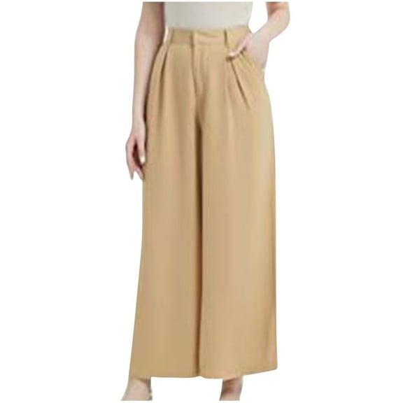 CQONEPT Wide Leg Dress Pants for Womens Flowy Casual Baggy Pants Straight Leg Office Slacks Trousers with Pockets Yellow 2XL