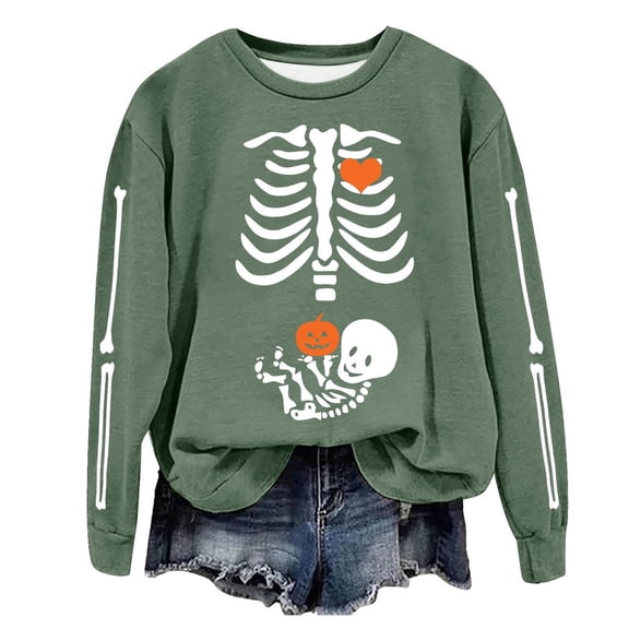 Ydojg Womens Fall Sweaters Tops Crewneck Long Sleeve Skull Print Casual Pullover Fall Winter Womens Outfit Amry Green L