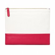 SONA G DESIGNS Canvas Cosmetic Pouch White & Red Faux Leather Bottom Zipper