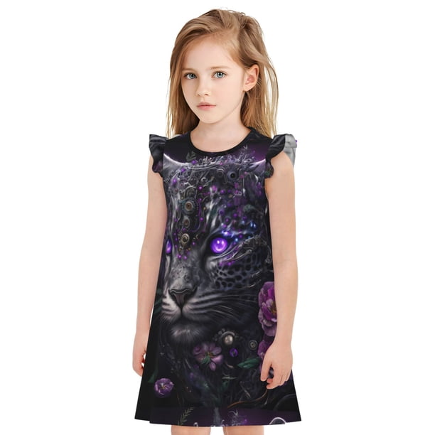 Fotbe Purple-Eyed Floral Leopard Vestido de Dormir para Niñas de 3 a 10 Años, Mangas Cortas, Estilo Princesa, Pijama Camisón con Mangas Voladas-Medium