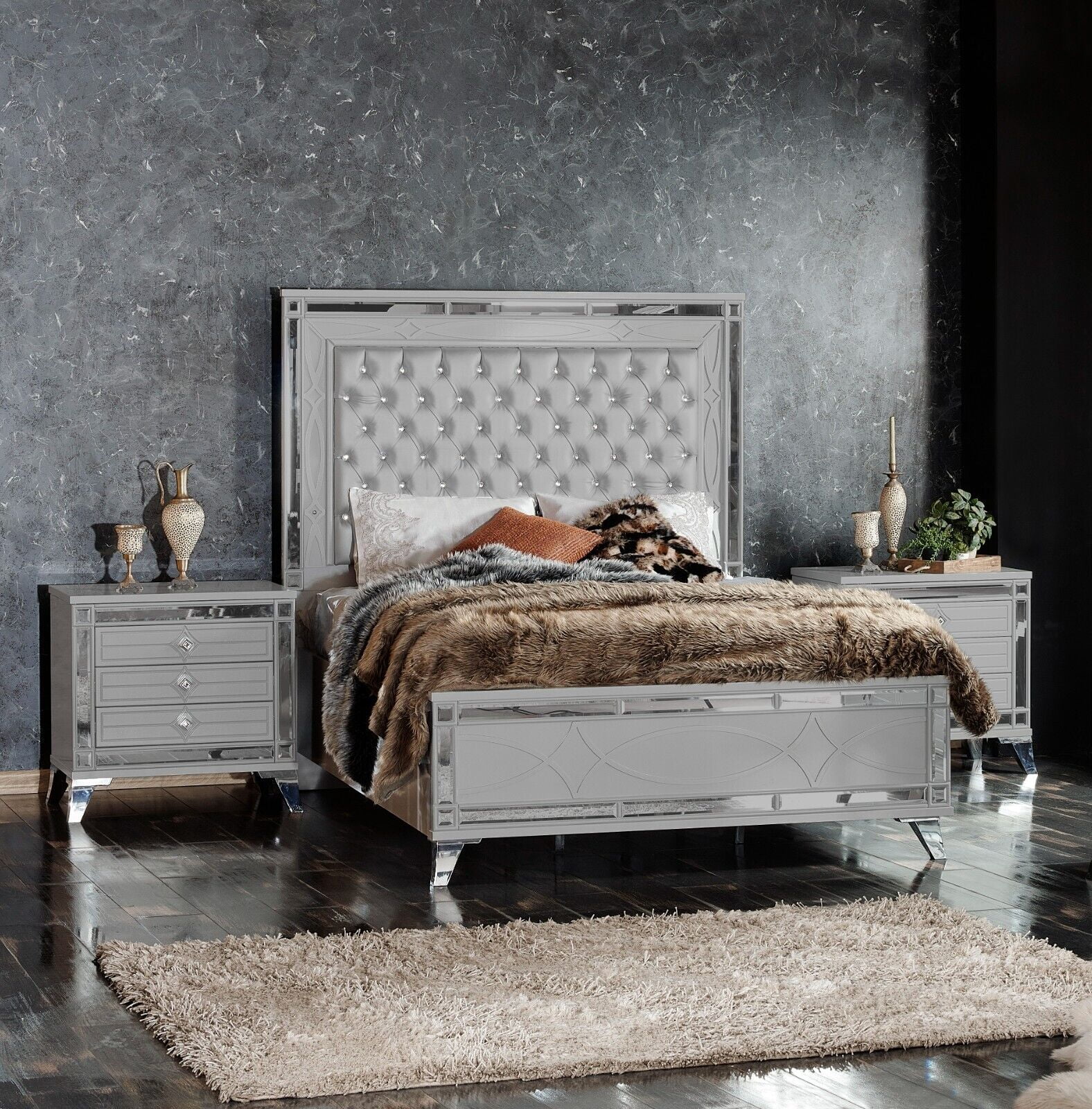 3pc Modern Luxury Queen Light Gray Tall Queen Bed w/LED 2x Nightstand