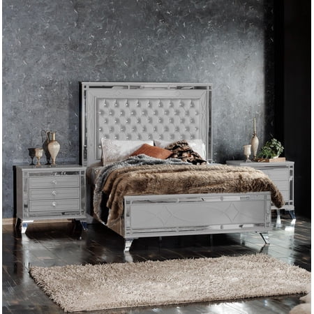 3pc Modern Luxury King Light Gray Tall Queen Bed w/LED 2x Nightstand Set Bedroom Furniture