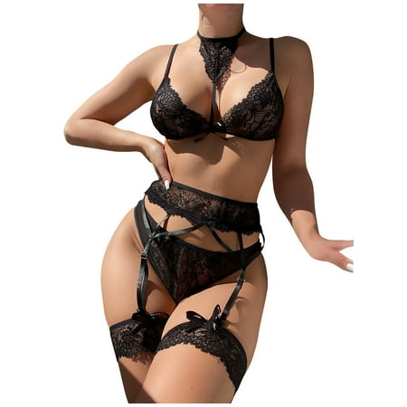 

Qcmgmg Women s Babydoll Nightwear Lace Sexy Lingerie Set Floral Bowknot Bra and Panty Set with Garter XL