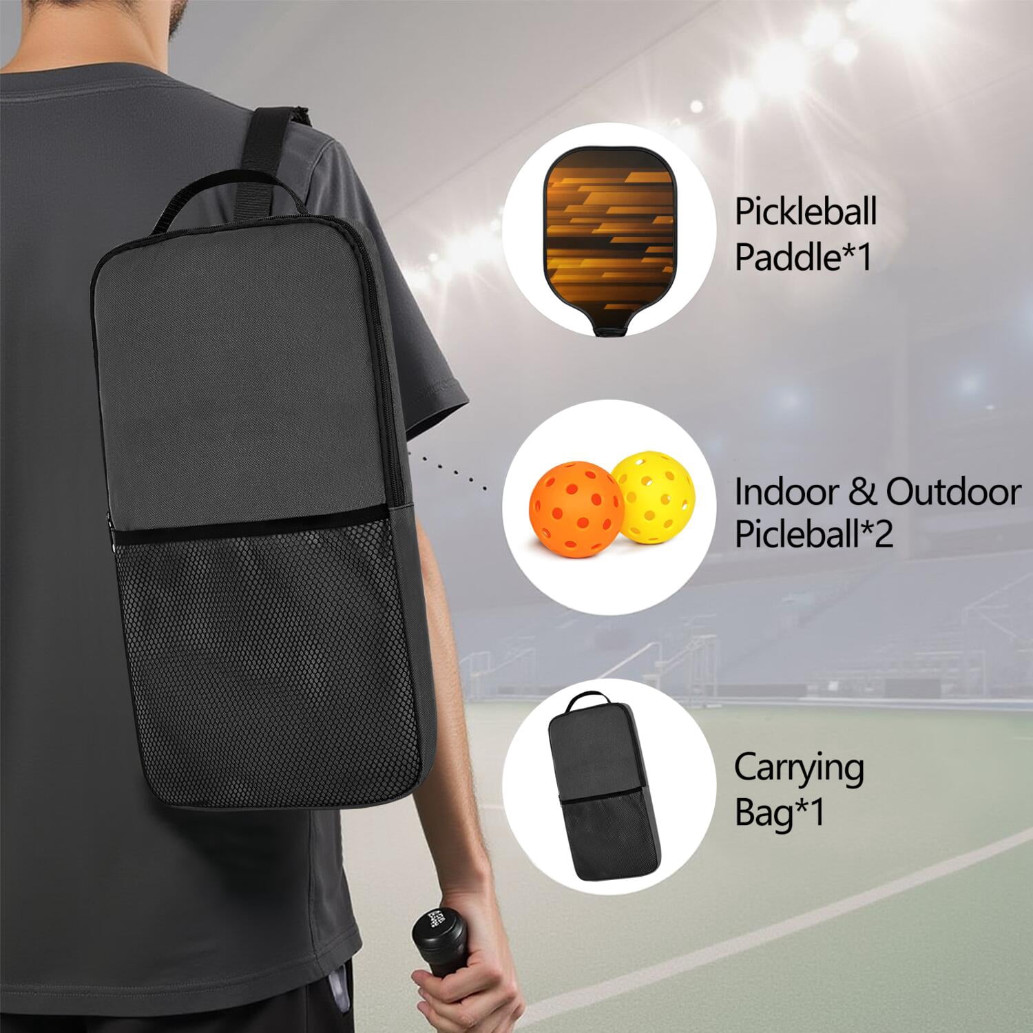 Pickleball Paddles Set Of 1, Fiberglass Surface, Speed, Lightning, Thunder Print, 1 Paddle, 2 Balls & Bag