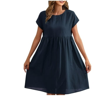Annhoo Women's Cotton Linen Dresses Crew Neck Short Sleeve Pleated Front  Loose A-Line Casual Beach Sundresses - Walmart.com