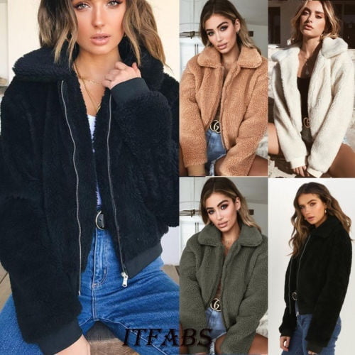 Womens Thick Warm Teddy Bear Pocket Fleece Jacket Coat Zip Up Outwear Overcoat