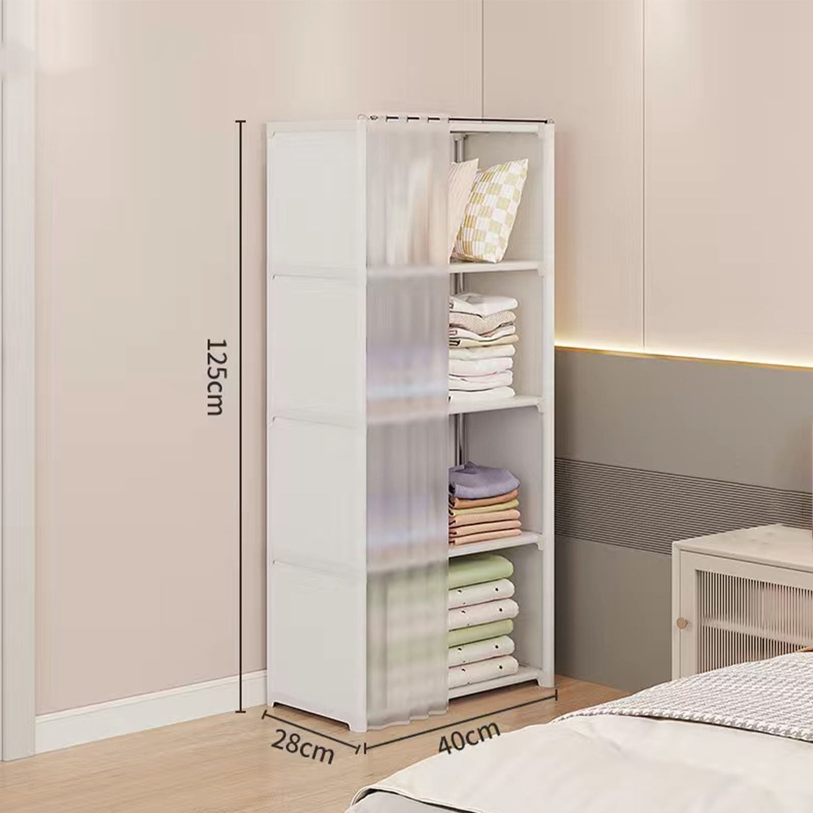 4-Tier Wardrobe Closet with Zippered Dust-Proof Curtain, Fabric Storage Organizer for Bedroom, Heavy Duty Closet Organizer with Shelves, Easy Assembly Standing Wardrobe Cabinet for Clothes