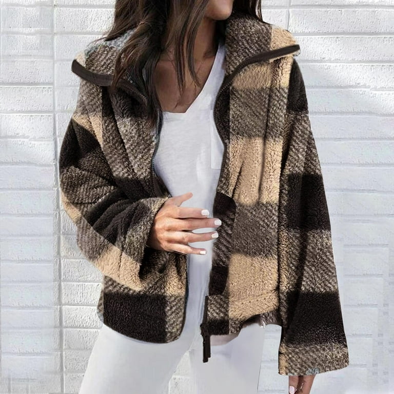ZQGJB Sales Womens Fall Winter Full Zipper Plaid Sherpa Coat Teddy Jackets  Long Sleeve Plush Fleece Warm Coats with Pockets Large Size( Black apricot,XL)  