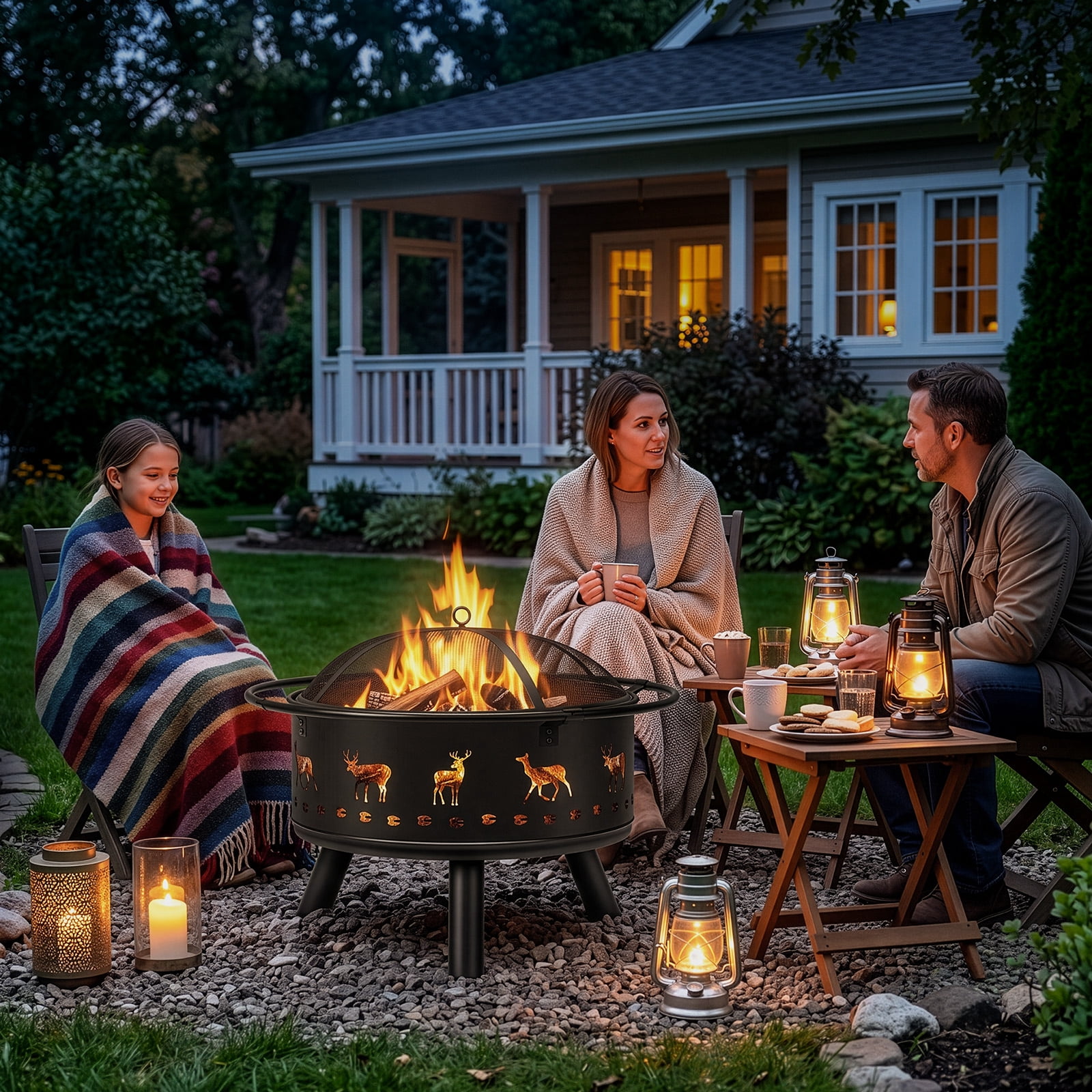 30 Inch Round Outdoor Wood Burning Fire Pit, Heavy Duty Wrought Iron Firepit with Hinged Spark Screen Lid & Lift Ring, Decorative Elk Cutout Patio Fire Pit for Backyard, Garden, Lawn and Camping
