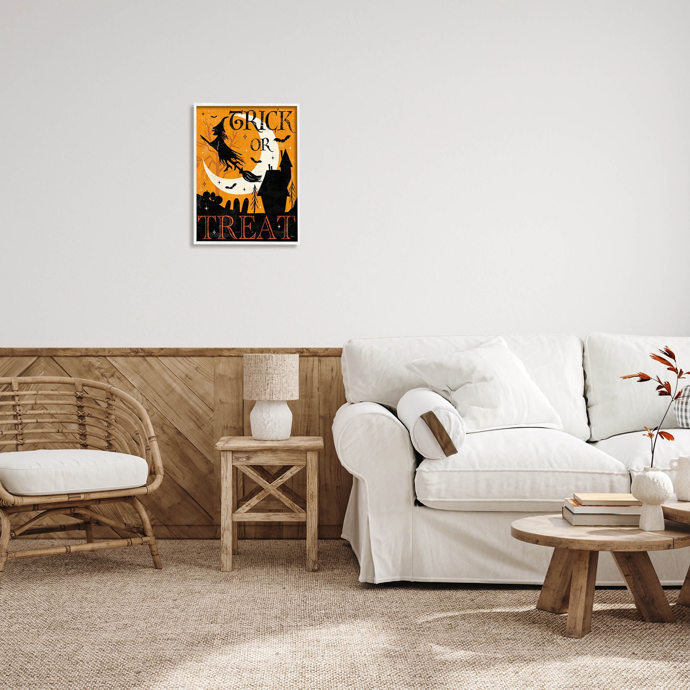 Stupell Industries Trick Or Treat Halloween Witch Graphic Art White Framed Art Print Wall Art, Design by Veronique Charron