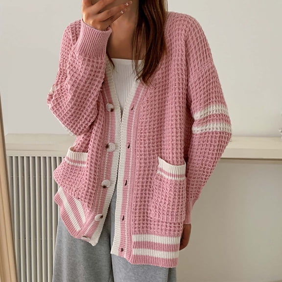 Women's Color Block Button down Knit Cardigan Fall Clothes Loose Casual V Neck Sweater Coat with Pocket New Pinky M