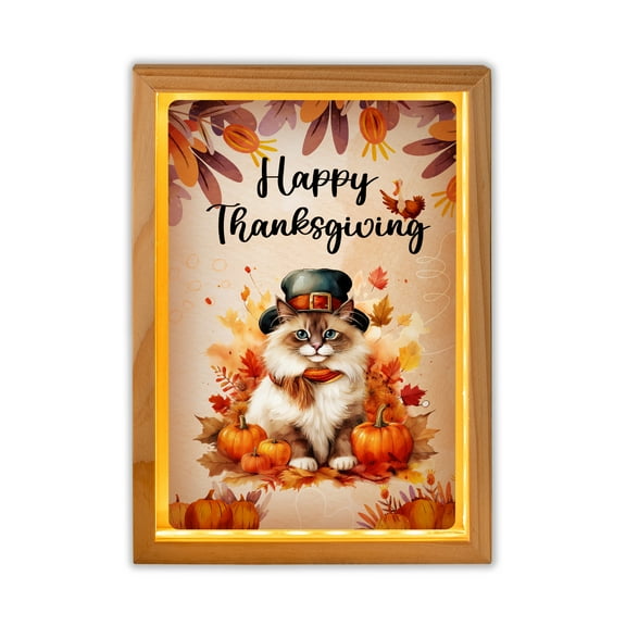 Happy Thanksgiving Ragdoll Welcome Thankful Fall Autumn Pumpkin Acrylic Plaque with Wood Photo Frame Box Cat Lover Kitten Owner Gifts Idea Light Box - 02021