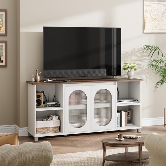 Retro TV Stand 70 Inch Entertainment Center with Corrugated Glass Cabinet Doors TV Stands with 4 Open Shelves and 2 Cabinets Rustic TV Table for Living Room - White