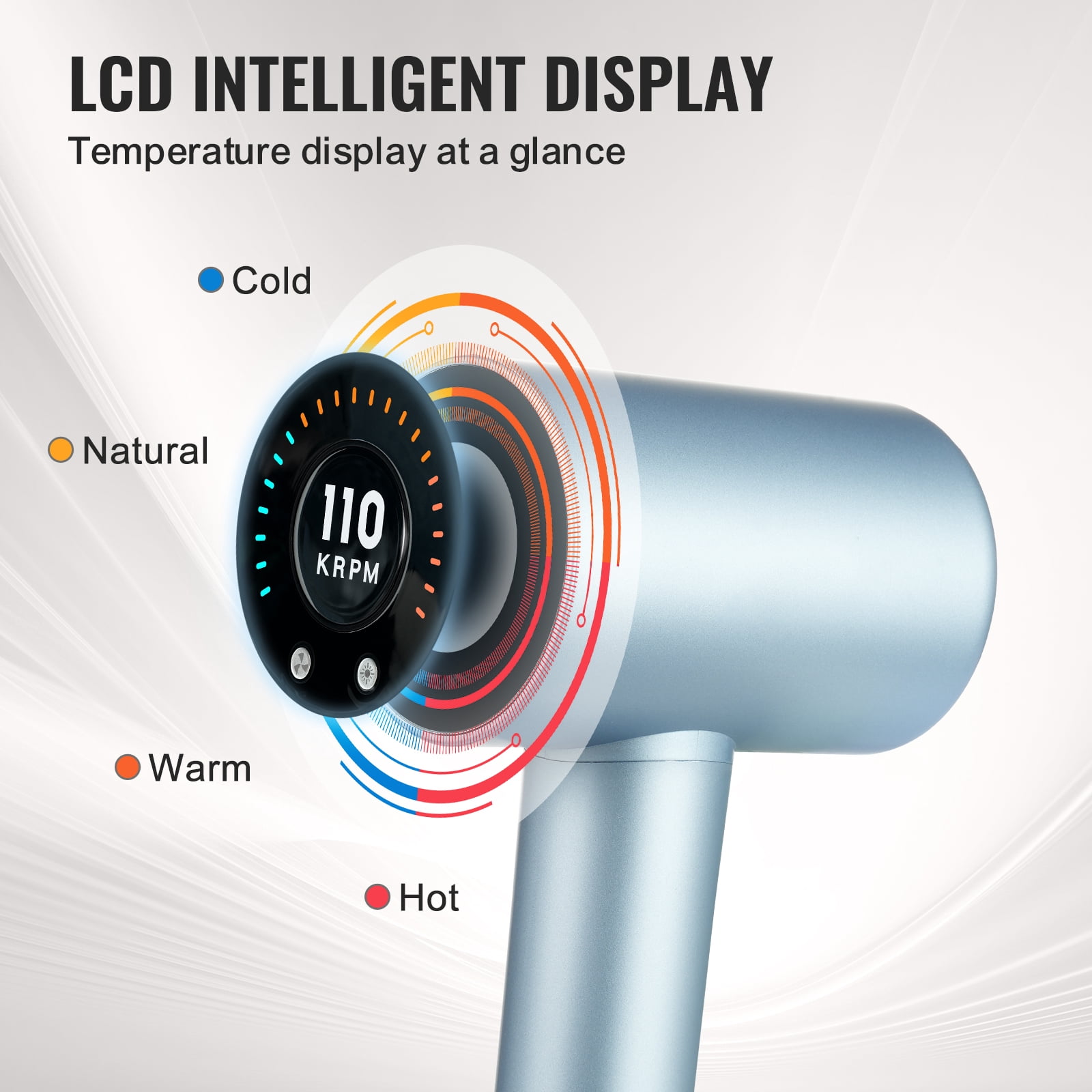 KFFKFF Fast Hair Dryer featuring a 105,000RPM Brushless Motor, generates 200 Million Negative Ions, offers 4 Temperature Settings & 3 Speeds, includes an LCD Display for Heat Monitoring