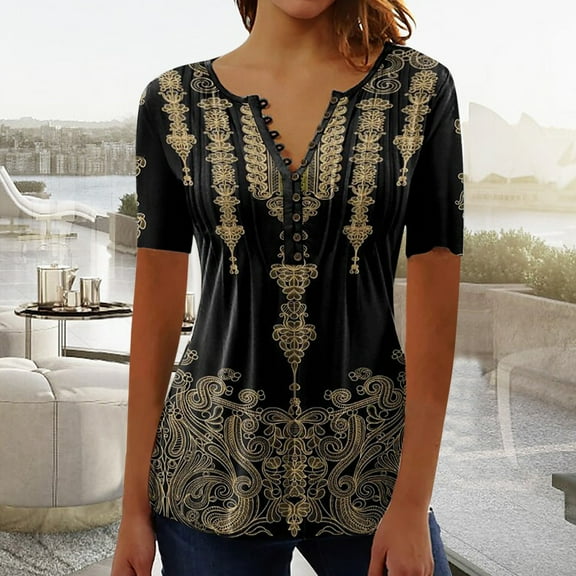 Women's Dressy Tops for Summer Womens Tops Short Sleeve Hide Belly Tunic Casual V Neck Button Pleated T-Shirts 3D Print Empire Waist Blouse