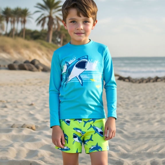 Baby Swimsuit Boy Boys Long Sleeve Cartoon Ocean Shark Print 2 Piece Swimsuit Set Upf Blue 3-4 Years