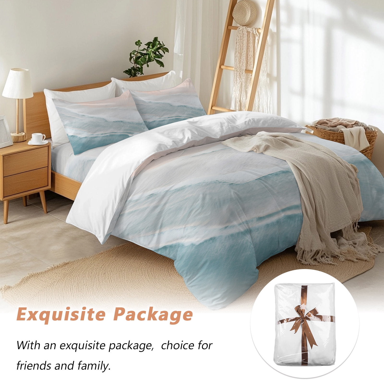 Beach Blue Queen Duvet Cover Set, Beige Gradient Ocean Wave Seaside Scenery 4 Piece Microfiber Bedding Set with Zipper Closure, Bed Sheet and 2 Pillow Shams, Soft Bedding Cover