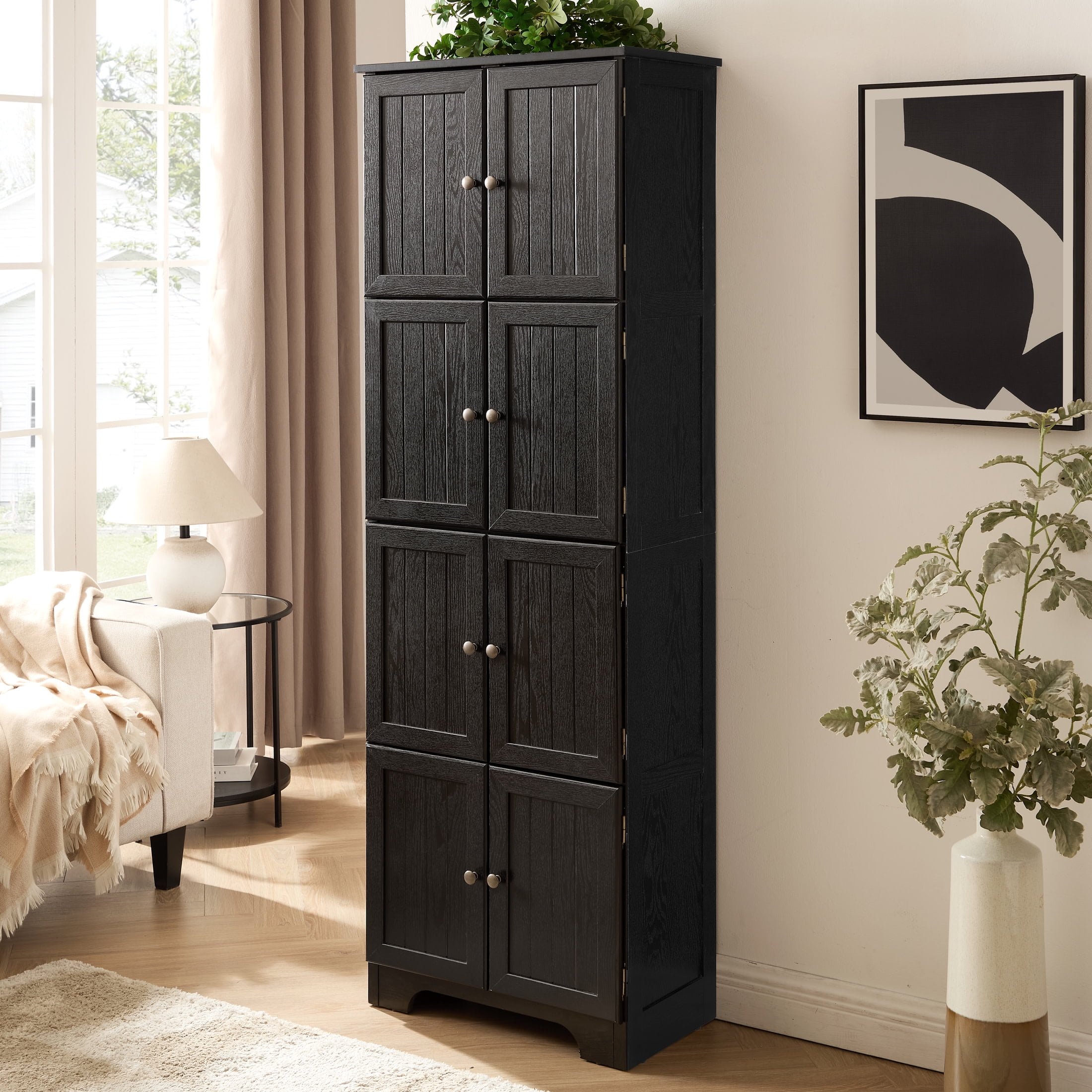 Noble House Vandal 72.4" Tall Storage Cabinet, 8-Door Freestanding Pantry Bookshelf with Shelves, Kitchen, Black
