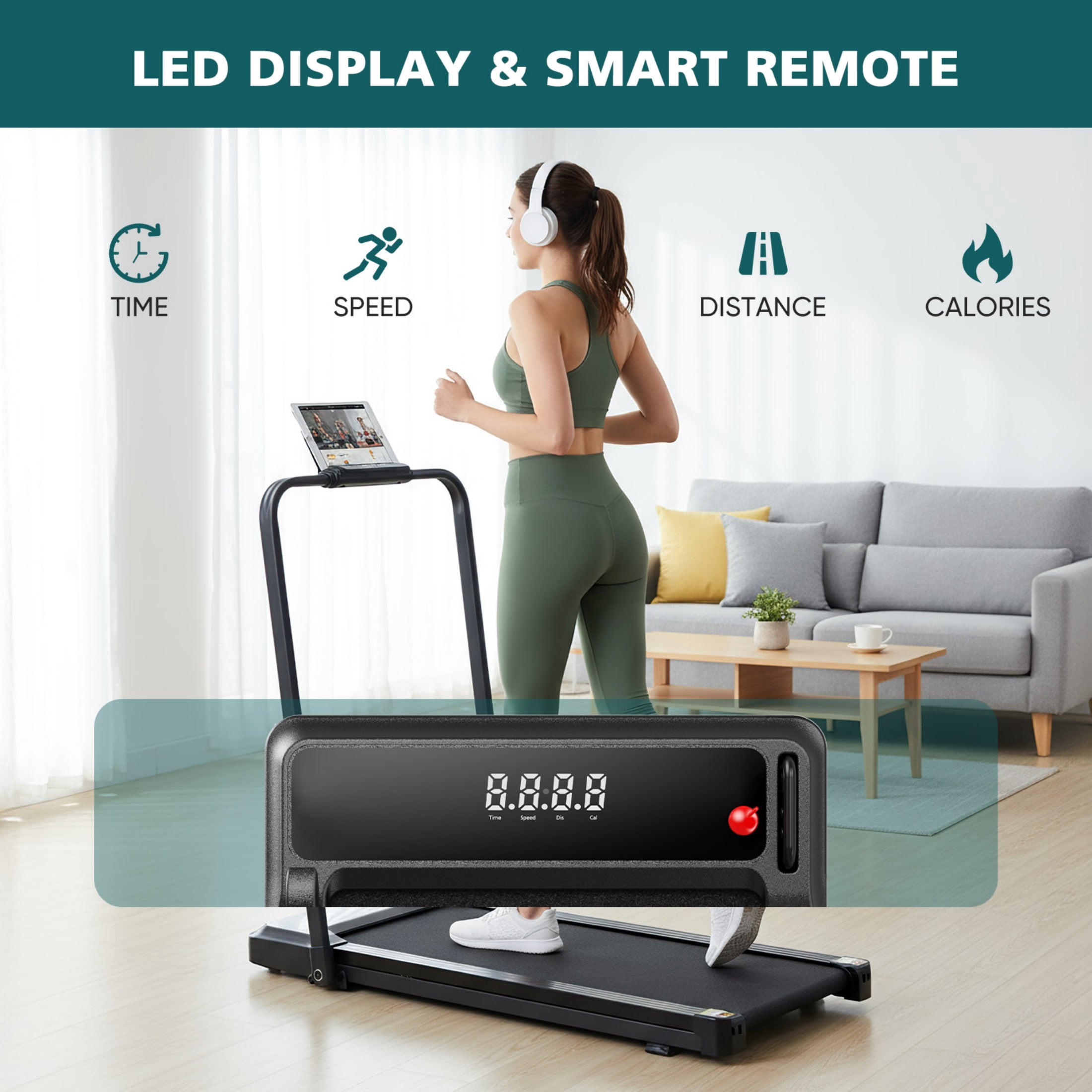 SHOUFTW Under Desk Treadmill with Handle, Portable Quiet Walking Pad with LED Display & Remote, Space-Saving for Home/Office (Black)