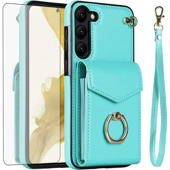 MYKOMI Phone Case for Samsung Galaxy S23 5G Wallet Cover with HD Screen Protector and RFID Blocking Ring Credit Card Holder Leather Cell S 23 23S GS23 G5 SM-S911U 6.1 inch Women Teal