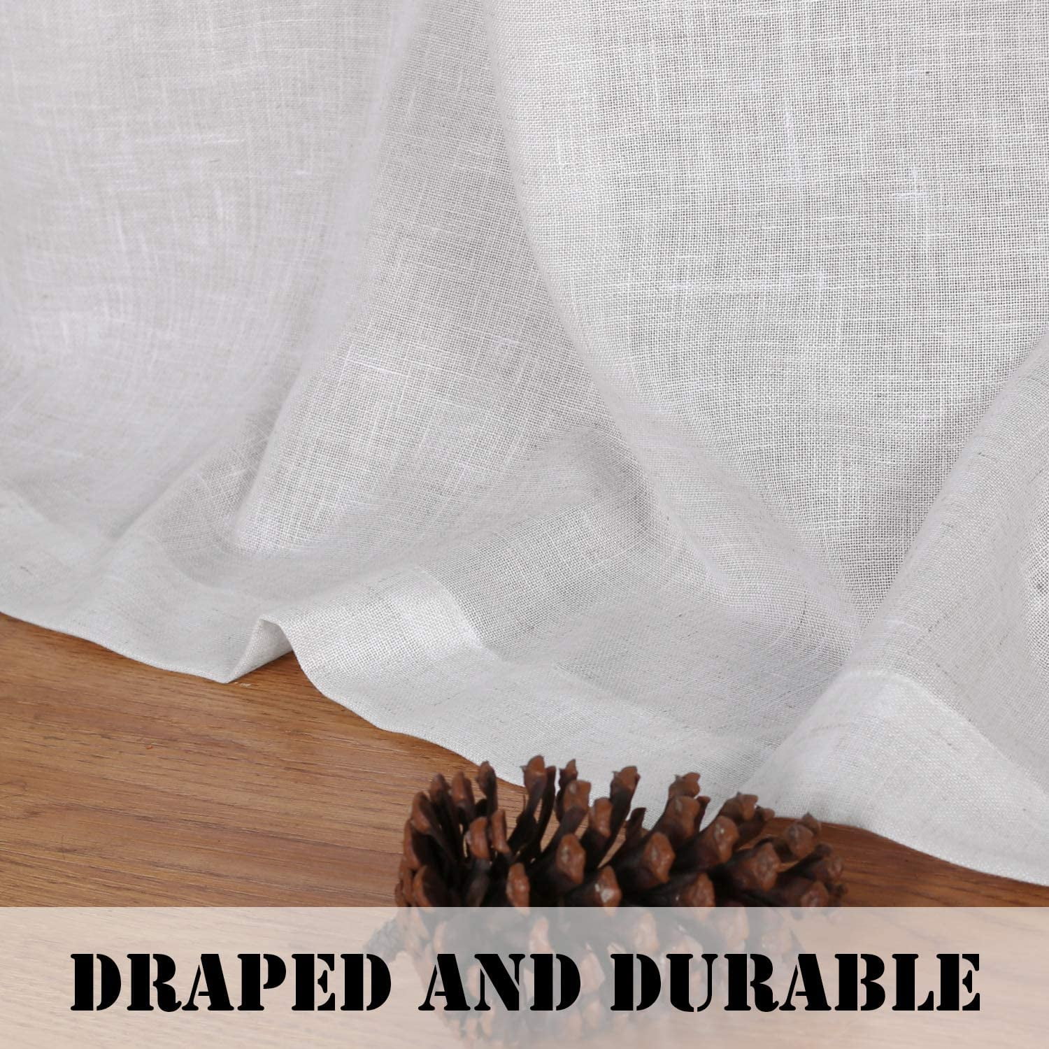 PrimeBeau Linen Tab Top Light Filtering Curtains, Set of 2, 52" x 63", Pure White