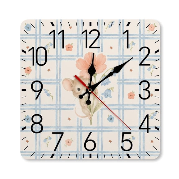 RKSupls 10×10inch Square Silent Wall Clock Wooden Frame, Mouse Holding Poppy Scale Decorative Clock for Home Bedroom Living Room Office